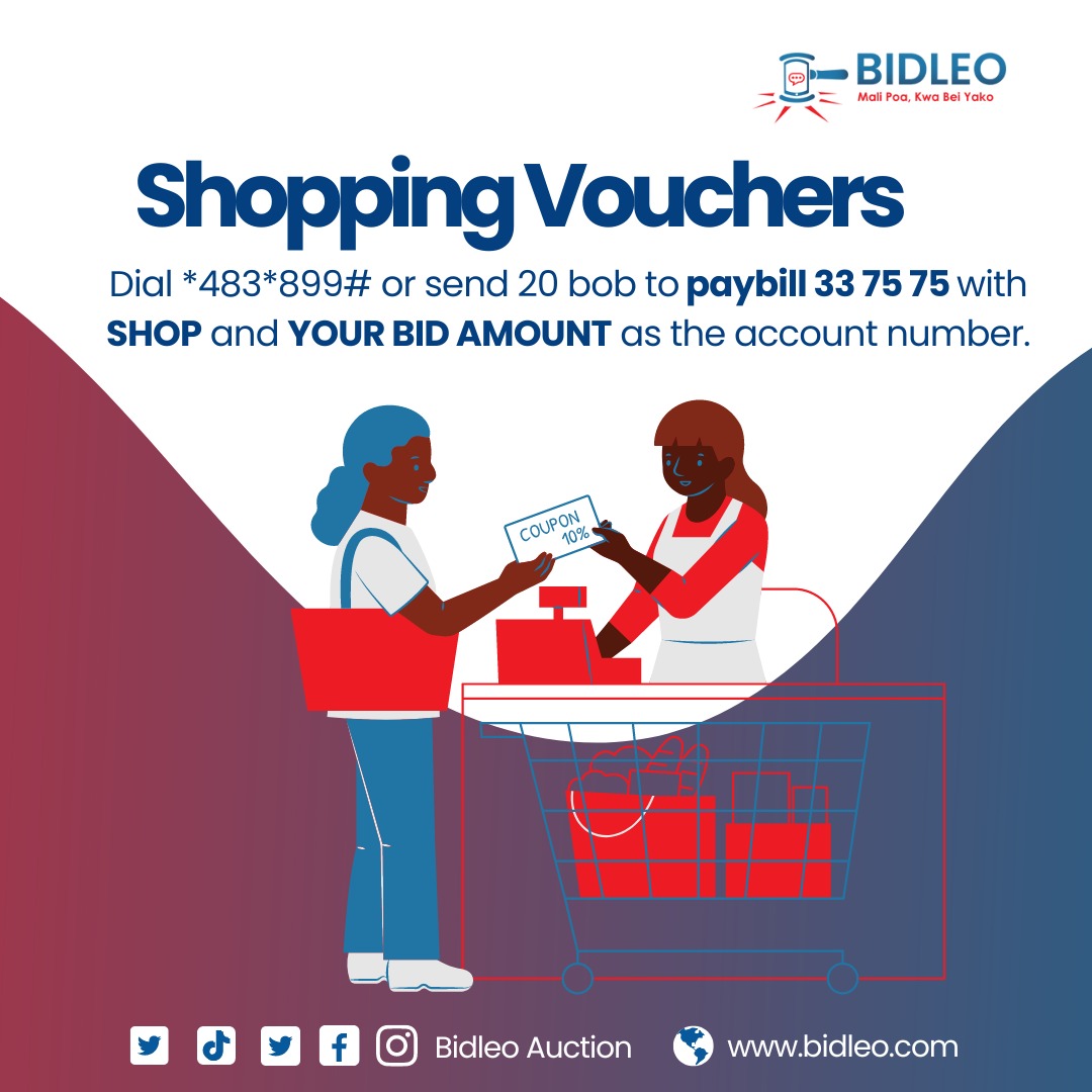 🗣WAKUU🗣
Kuna mbogi bado hawajachangamkiwa Salo.Bidleo tutakusort pap!!!

Dial *483*899# or send 20 to bob paybill  337575 with item and bid amount as the acc no.
⬇️
Paybill:337575
Acc:Voucher 21 (Item + Bid Amnt)
Amnt: 20

You can also Bid online at ➡️ bidleo.com.