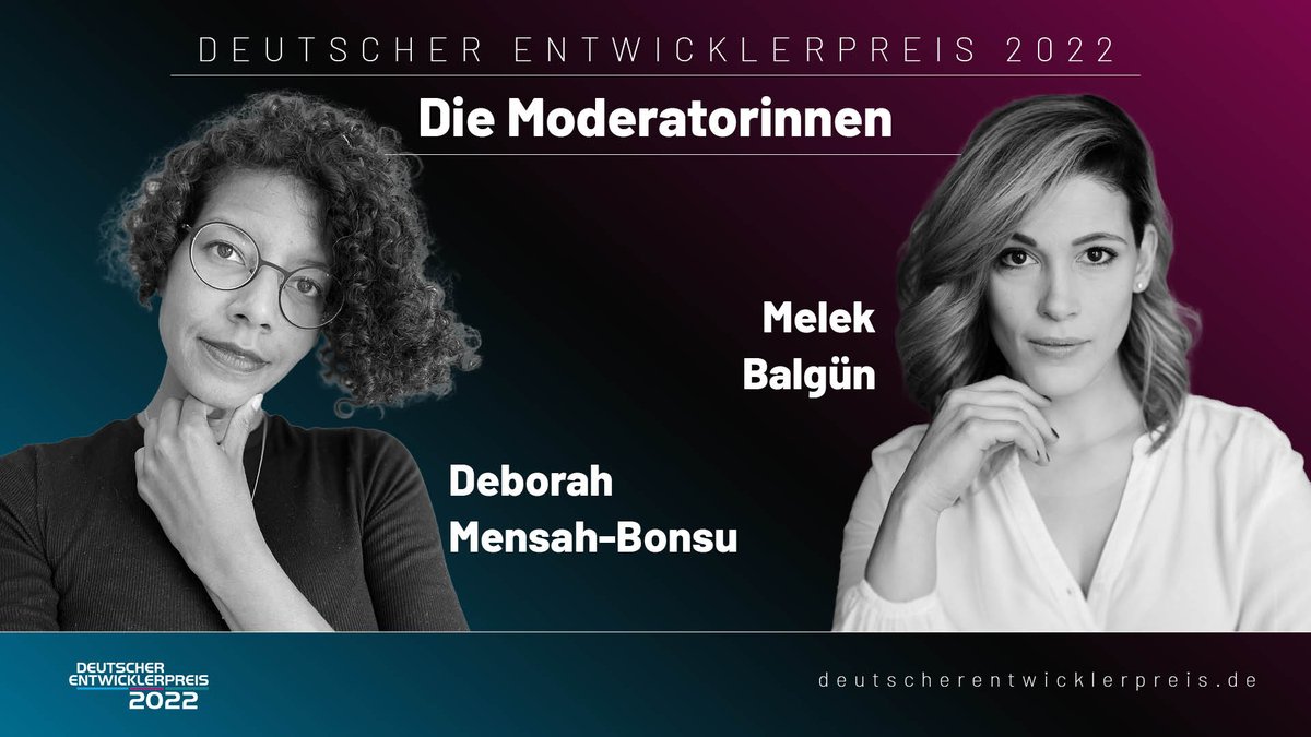 entwicklerpreis's tweet photo. Es dauert nicht mehr lange bis wir uns in der Flora zum Deutschen Entwicklerpreis 2022 treffen! ✨

Heute möchten wir euch die Moderatorinnen des #DEP2022 vorstellen: Melek Balgün und Deborah Mensah-Bonsu werden durch die Preisverleihung führen! https://t.co/q574ncfprH