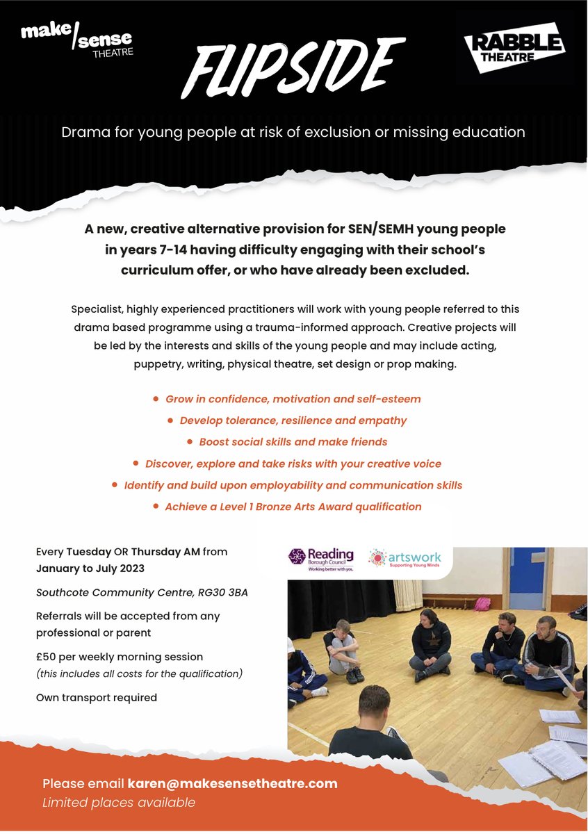 MakeSenseTheatr's tweet photo. New from Make/Sense Theatre and @RABBLE_Theatre from January! #Flipside is for young people with SEN/SEMH at risk of exclusion or missing education. Achieve a Level 1 Bronze Arts Award, make friends, grow in confidence and explore creativity. Email karen@makesensetheatre.com https://t.co/6Yqnbsz9yt