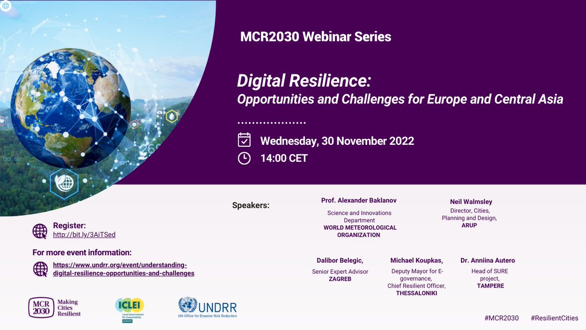 The #MCR2030 Digital Resilience webinar series explores #urbanresilience from a digital perspective, while addressing the challenges and policy implications faced by cities. 

Register now for tomorrow's event: undrr.zoom.us/webinar/regist…