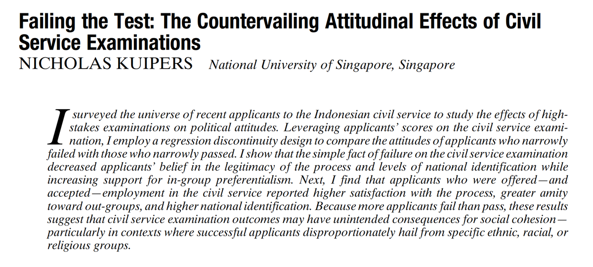 KuipersNicholas's tweet photo. Governments across the world use exams to select civil servants. In this new @apsrjournal article, I consider how the outcomes of these high-stakes exams might be affecting the attitudes of applicants, focusing on aspirants to the Indonesian civil service... https://t.co/bQP9JWKWwy