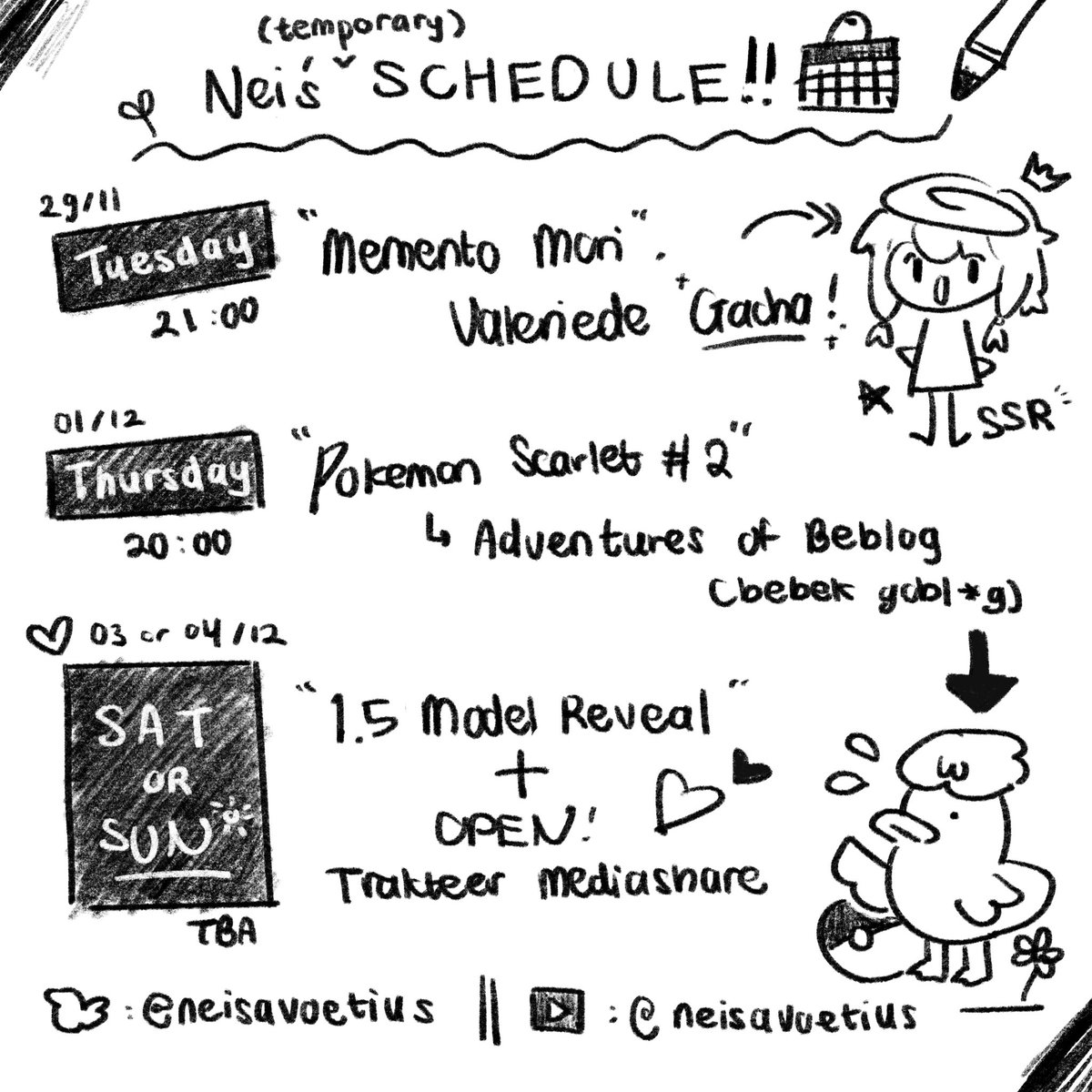 neisavoetius's tweet photo. Things irl are still hectic, here’s in hoping tht I make it to all streams!

✧ Weekly Schedule for Nov 28 - Dec 4 ✧
!socials : https://t.co/nuv9261fGU

Hashtags :
General &amp; Info : #NeisaVoetius
Fanart - #Neisketch (18-) #PPNeisa (18+)
Memes - #Neismeme
Stream/Clips - #Neisdream https://t.co/FhmwJXX8MX