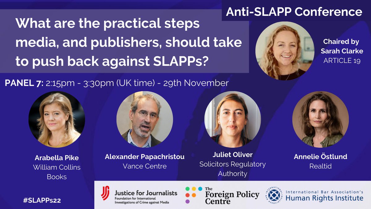 FPCThinkTank's tweet photo. 🚨Panel 7's discussion of the practical steps media, and publishers, can take against SLAPPs has begun.
Speakers:
@Sarah_M_Clarke, @VanceCenter, @ArabellaPike, Juliet Oliver (@sra_solicitors) & Annelie Östlund (@realtid)
Join us➡️ https://t.co/MLVBkuClrS #SLAPPs22 https://t.co/4cq7xQPg8g