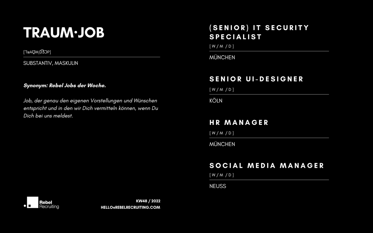 Unsere Jobs der Woche sind da: linktr.ee/RebelRecruting

🚀 Du hast Interesse? Ab geht's! Schreib uns einfach eine Nachricht. Wir brauchen keine Bewerbung und möchten Dich lieber direkt persönlich kennenlernen!

#jetztrebellieren #jobsmitzukunft