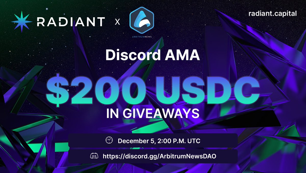 We'll host an AMA for <a href="/RDNTCapital/">Radiant Capital</a> on our server again!  🫡

Please ask everything that you care about. The $200 will be awarded to good questions. 🤗

Next Monday, Dec 5st at 2:00 pm UTC. ⏰

Join our Discord so you can tune in. 👇

discord.com/channels/88751…

#Arbitrum #AMAs