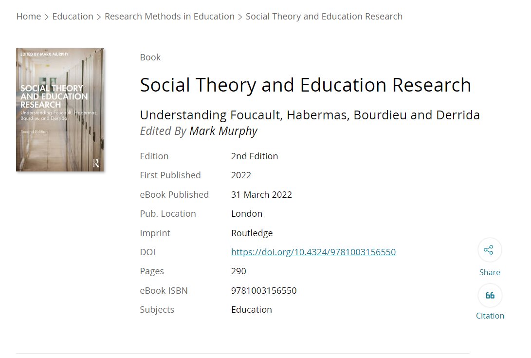 Max Antony-Newman (@maxantonynewman) on Twitter photo Social Theory and Education Research: Understanding Foucault, Habermas, Bourdieu and Derrida edited by Mark Murphy <a href="/socialtheoryapp/">Social Theory App</a> is now in its 2nd edition. I keep coming back to it very often. Great book for all educational researchers!
taylorfrancis.com/books/edit/10.… <a href="/BERA_STheory/">BERA_SocialTheory</a> Social Theory and Education Research: Understanding Foucault, Habermas, Bourdieu and Derrida edited by Mark Murphy <a href="/socialtheoryapp/">Social Theory App</a> is now in its 2nd edition. I keep coming back to it very often. Great book for all educational researchers!
taylorfrancis.com/books/edit/10.… <a href="/BERA_STheory/">BERA_SocialTheory</a>