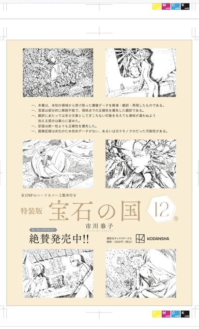 『宝石の国』12巻特装版の大重版が決まりました! ありがとうございます。
出来予定日は2023年1月初頭を予定しています。
※特装版冊子の本文用紙が年内で廃盤見込みのため、重版分より本文用紙が
b7クリーム→b7ナチュラルに変更となります。ご了承くださいませ。 