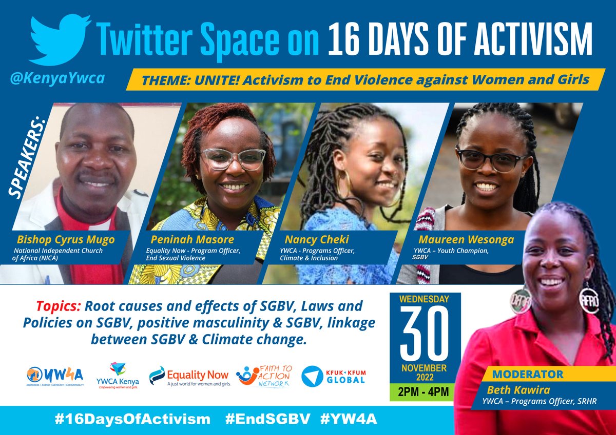 📢#TwitterSpace Alert 🔊

📌Join the conversation this #16DaysOfActivism as we seek to empower survivors, reduce &amp; prevent all forms of violence against women &amp; girls.

📅 𝐓𝐨𝐦𝐨𝐫𝐫𝐨𝐰, 30.11.2022

⏲️ 2:00𝐏𝐌 - 4:00𝐏𝐌 𝐄𝐀𝐓

🔗 x.com/i/spaces/1YqJD…

#YW4A #PushForward