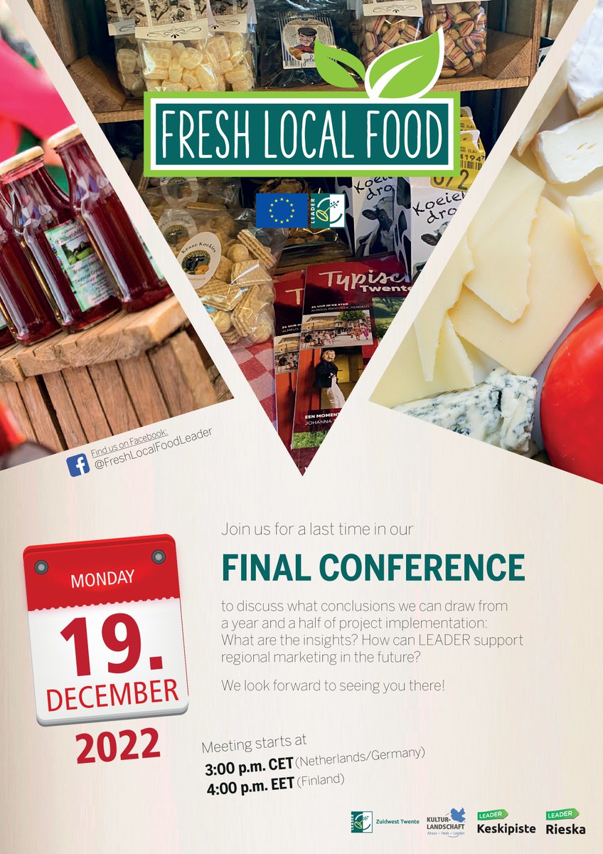 Unser transnationales Kooperationsprojekt #FreshLocalFood mit <a href="/LeaderZwTwente/">Leader ZW Twente</a>, Keskipiste und Rieska geht zuende: Die Schlusskonferenz findet digital statt am 19.12. um 15 Uhr. 

Interesse? Link gibt's beim Regionalmanagement!