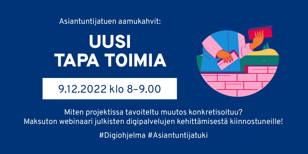 Hei julkishallinnon digikehittäjä tai palveluiden kehittämisestä kiinnostunut! 📣
Asiantuntijatuen aamukahvit ☕ 9.12. klo 8
Teemana muutoksen konkretisointi.

👉 Ilmoittaudu: 
lyyti.fi/reg/Asiantunti…

#Asiantuntijatuki on osa <a href="/VMuutiset/">Valtiovarainministeriö | Finansministeriet</a> <a href="/dvvfi/">Digi- ja väestötietovirasto</a> #digiohjelma'yhteistyötä