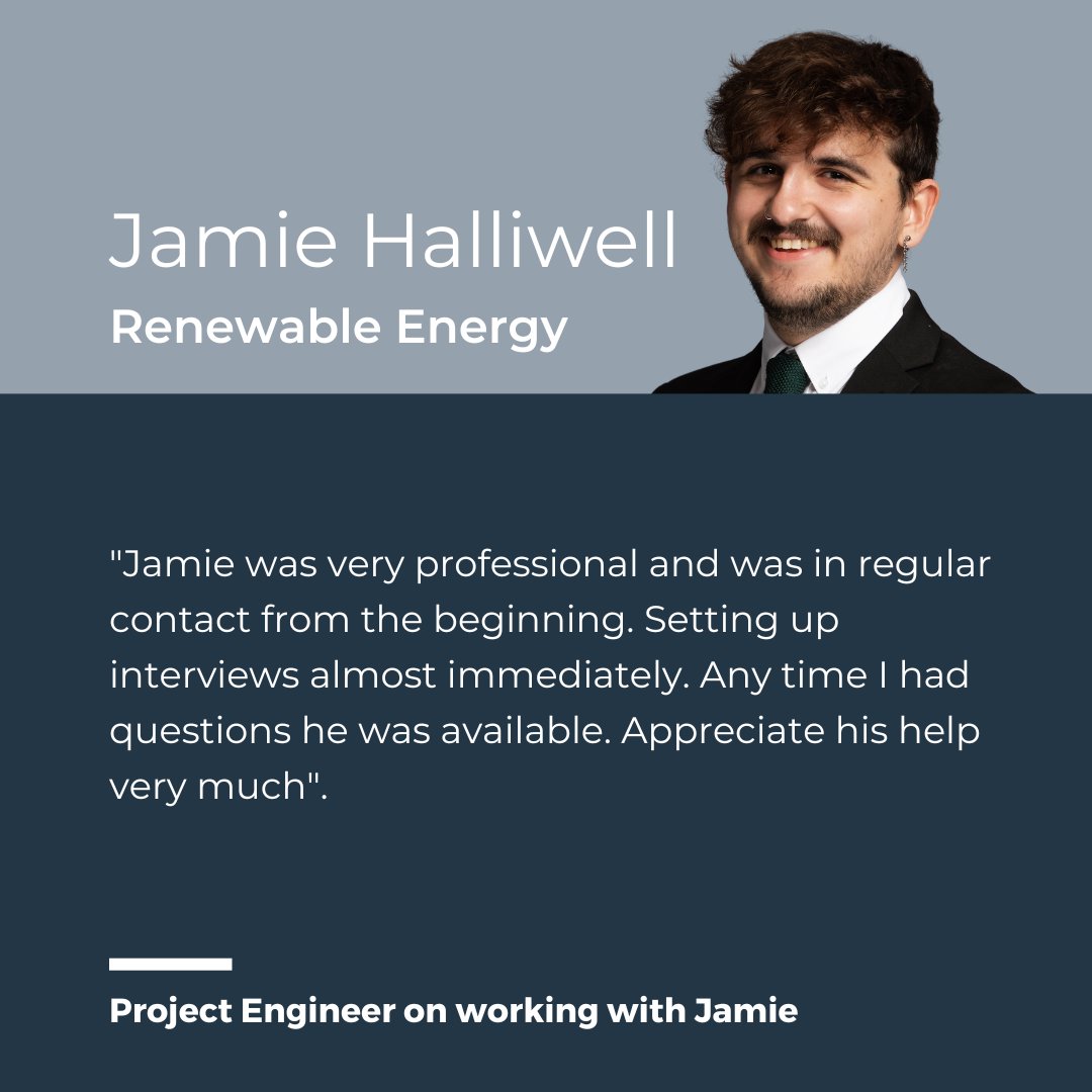 It's #TestimonialTuesday and we are thrilled with this feedback for Samuel Knight Energy Consultant Jamie from a Project Engineer.

#renewableenergyjobs #renewableenergy #feedbackmatters