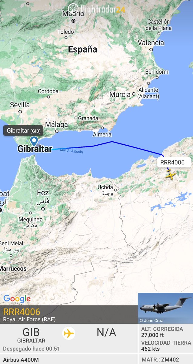 MilRadar's tweet photo. π¬π§ #RAF A400M Atlas #ZM402 despega desde #Gibraltar y con rumbo SE sobrevuela #Argelia https://t.co/QLtkHyCnGy