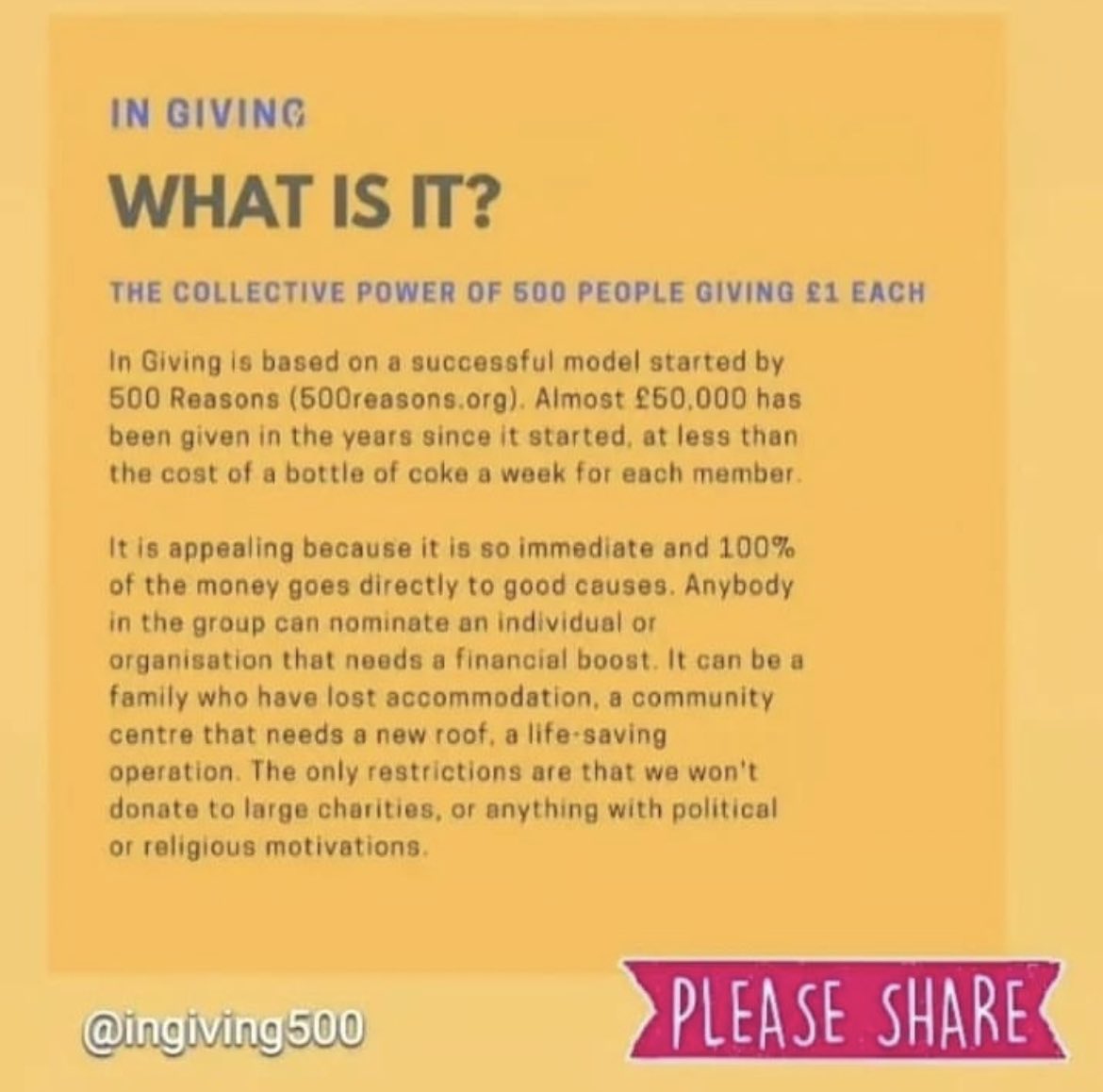 I’ve been part of In Giving since the first £500 - anyone want to join me? A group of 500 people donating £1 a week, with each week £500 going directly to a good cause nominated by a member. Let <a href="/mfoulger/">Monique Foulger</a> know if you want in!