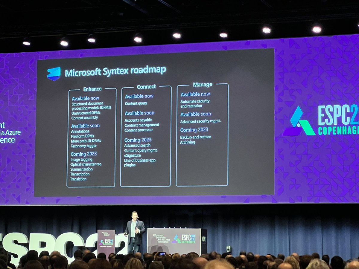 ChrisO_Brien's tweet photo. Great to see #Syntex with a star role in the #EPSC22 keynote with it’s amazing roadmap - I’ll build on this at 15:15 today in my “Syntex art of the possible/lessons learnt” session. A lot coming to #MicrosoftViva, #MicrosoftTeams, Stream and more. #Microsoft365 https://t.co/l7EJyu3RFn