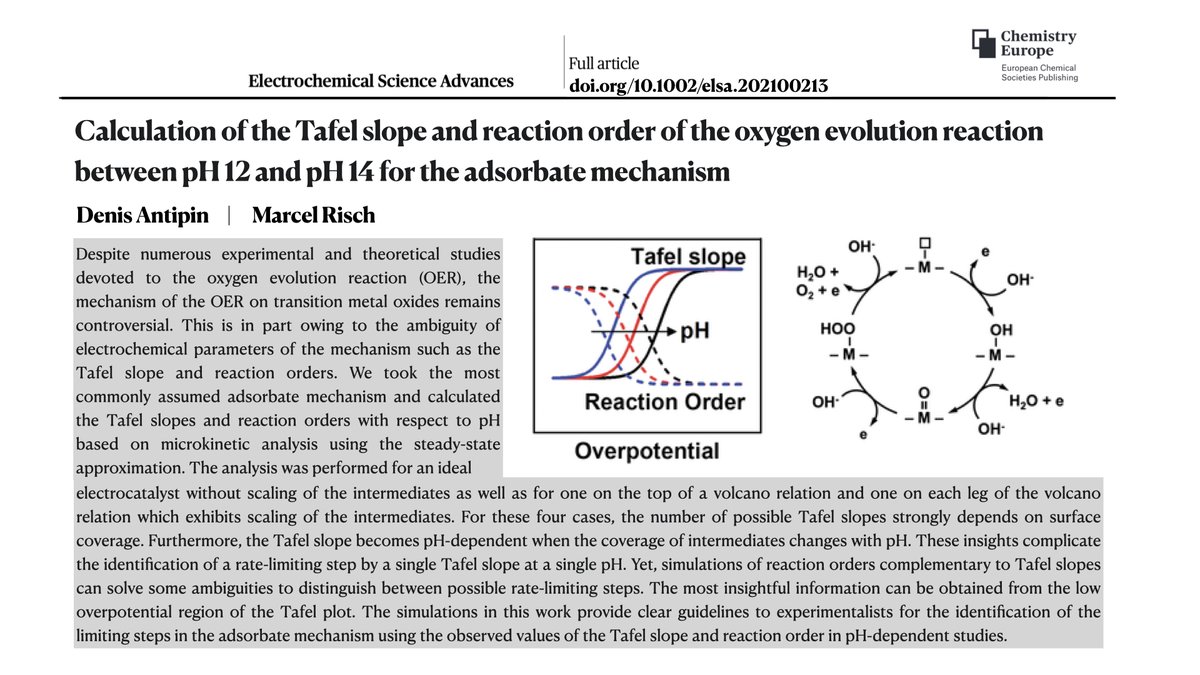 We calculate the Tafel slope and reaction order and identify unique combinations for the rate-limiting step of the #OER for #electrocatalysts with strong binding, weak binding and optimal binding of intermediates in our recent publication in @ElectrochemSci #ME4OER @HZBde 😚