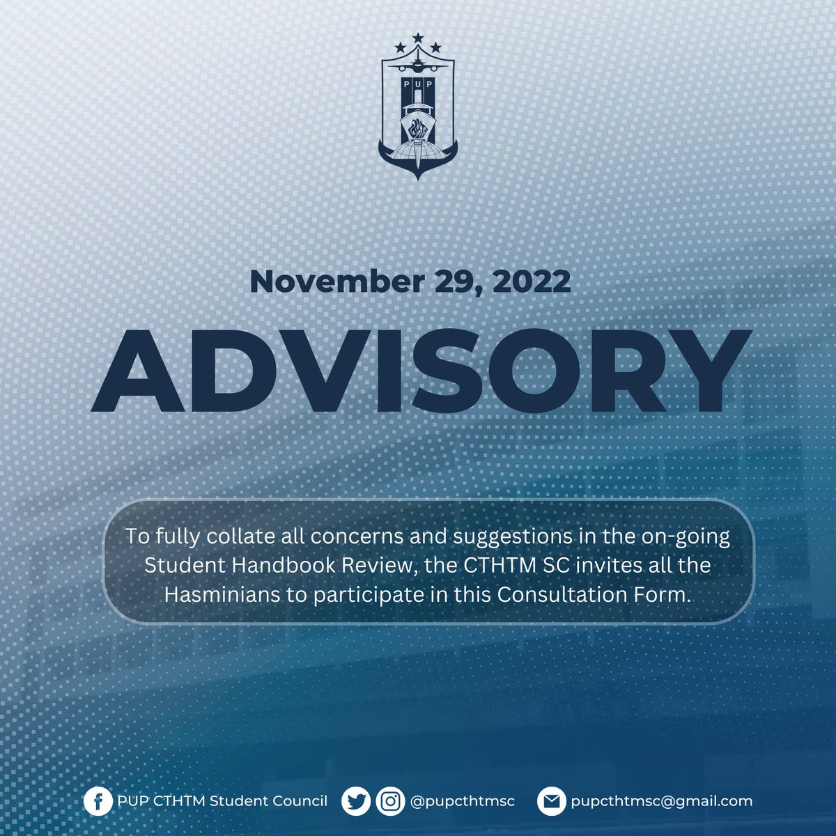 pupcthtmsc's tweet photo. ADVISORY | Student Handbook Review
To fully collate all concerns and suggestions in the on-going Student Handbook Review, the CTHTM SC invites all the Hasminians to participate in this Consultation Form.
https://t.co/sfJJJ3Nj0F
#PUPCTHTM
#CTHTMSC
#PUPStudentHandbookReview https://t.co/xBJxijI1ki
