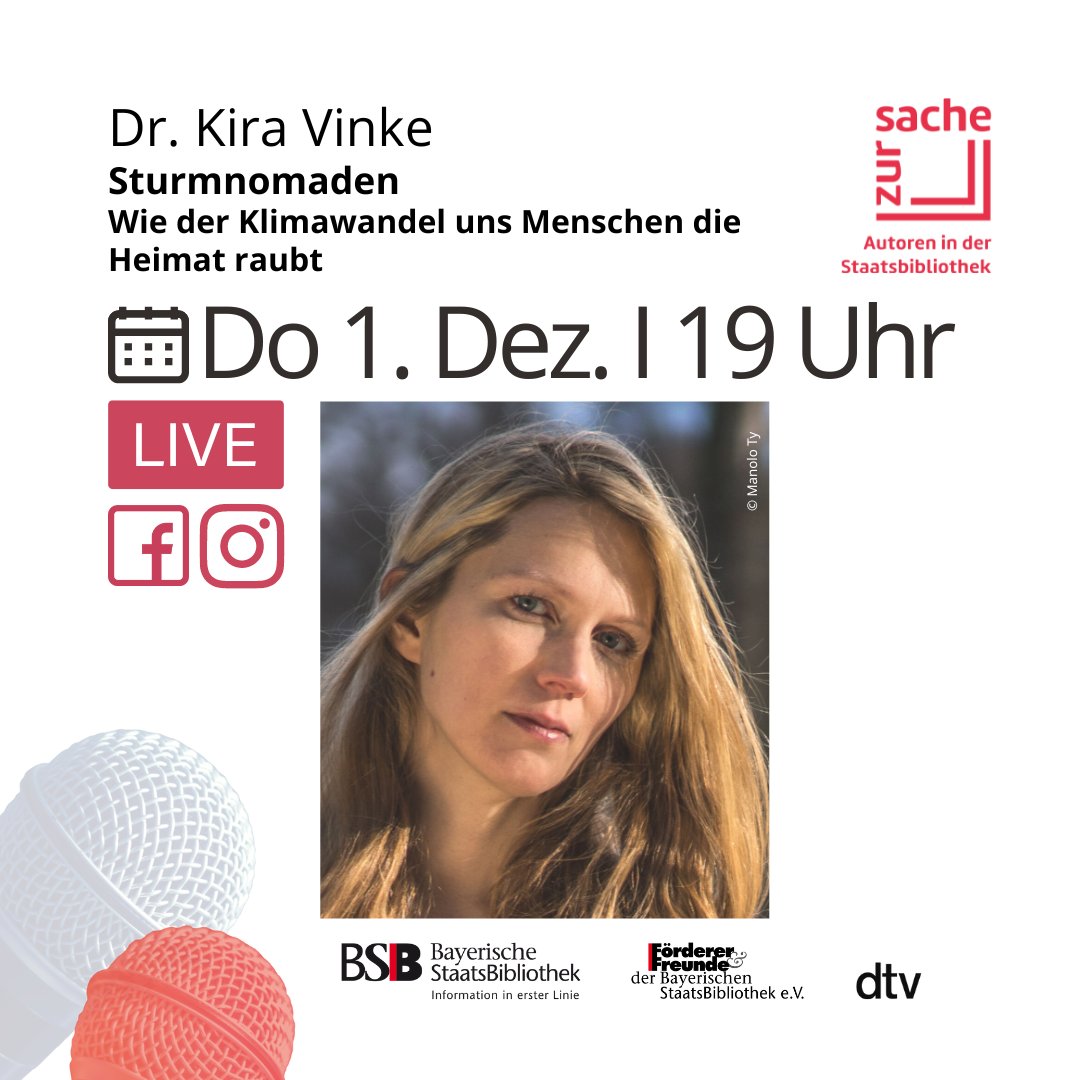 Am Donnerstag um 19 Uhr sind wir live! Gespräch mit Dr. Kira Vinke @KiraVinke im Rahmen der Veranstaltungsreihe 'Zur Sache – Autoren in der Staatsbibliothek' In Kooperation mit @dtv_verlag Instagram Livestream instagram.com/bsbmuenchen/?i… Facebook Livestream fb.me/e/36v5LW9YJ