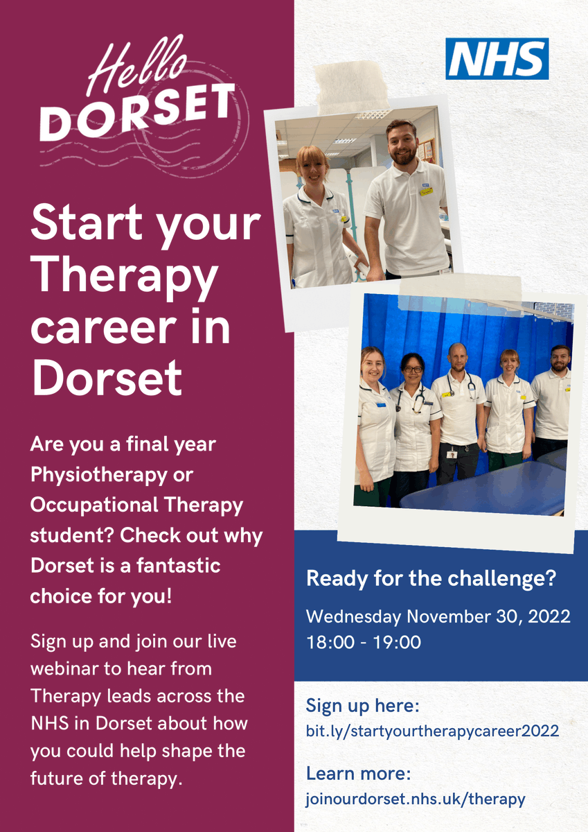 UHDjobs's tweet photo. Don't forget to join our webinar tomorrow if you're a final year #Physiotherapy or #OccupationalTherapy student 🎓

Hear from Therapy leads across Dorset and find out about what we can offer you!🤝

Sign up here 👉: https://t.co/TWr32GIMNb

#therapies #NHS #NHSJobs https://t.co/08lvGS2b9j
