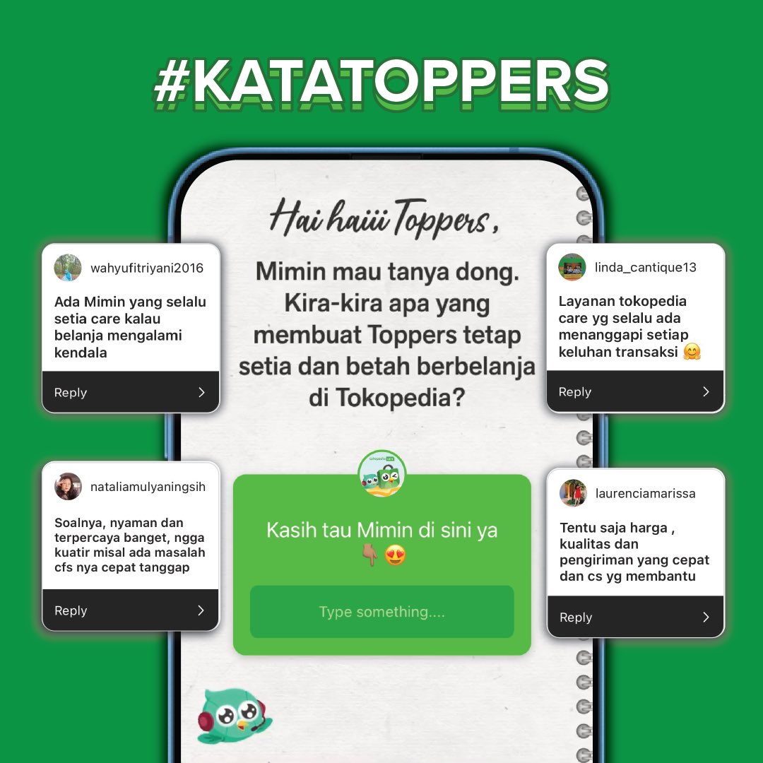TokopediaCare's tweet photo. Ini #KataToppers kenapa setia dan betah belanja di Tokopedia π
Kalo versi kamu gimana nih Toppers? Kasih tau Mimin di kolom komen ya π₯° https://t.co/dTtnWGZJ81