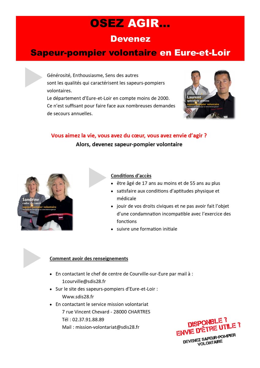 Officiel_SDIS28's tweet photo. Le centre de secours de Courville sur Eure recrute des sapeurs-pompiers volontaires. N'hésitez pas à nous contacter pour tous renseignements. https://t.co/NL8JWgDrHg