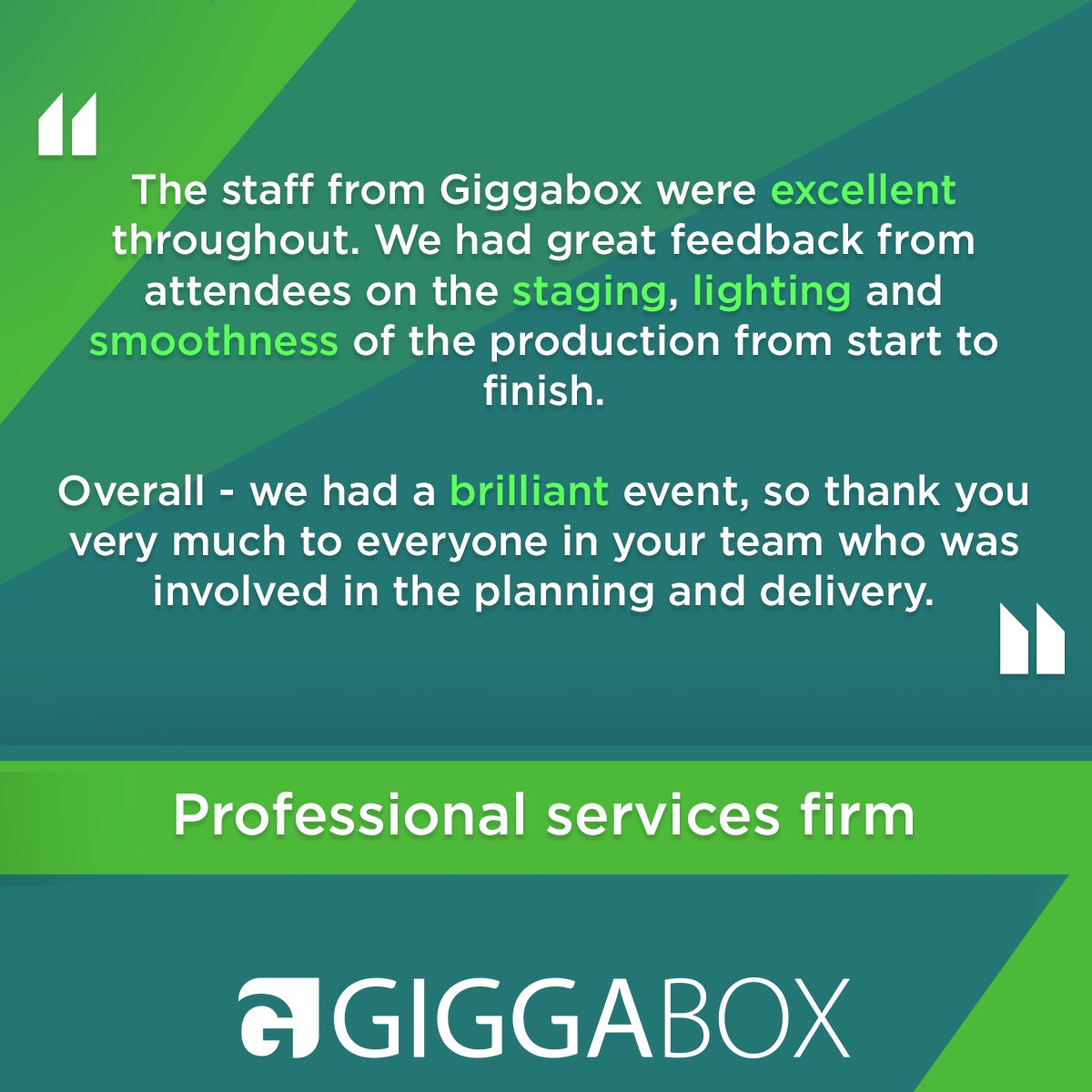 We are thrilled to receive such kind words from one of the world’s leading professional services firms!

Want to find out how we can produce your event? Check out our website below! 👇

Giggabox.com

#liveevents #event #eventproduction #quoteoftheweek