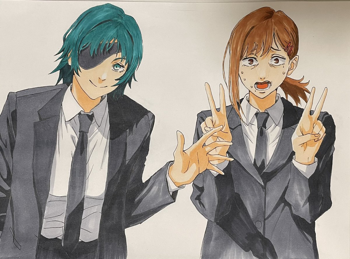 higashiyama kobeni ,himeno (chainsaw man) multiple girls 2girls eyepatch formal necktie suit black necktie  illustration images