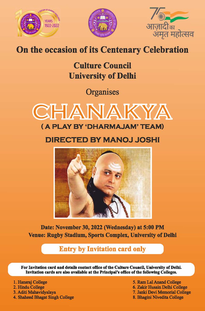 UnivofDelhi's tweet image. Hindi Historical Play ‘CHANAKYA’ on November 30, 2022 - Culture Council, University of Delhi