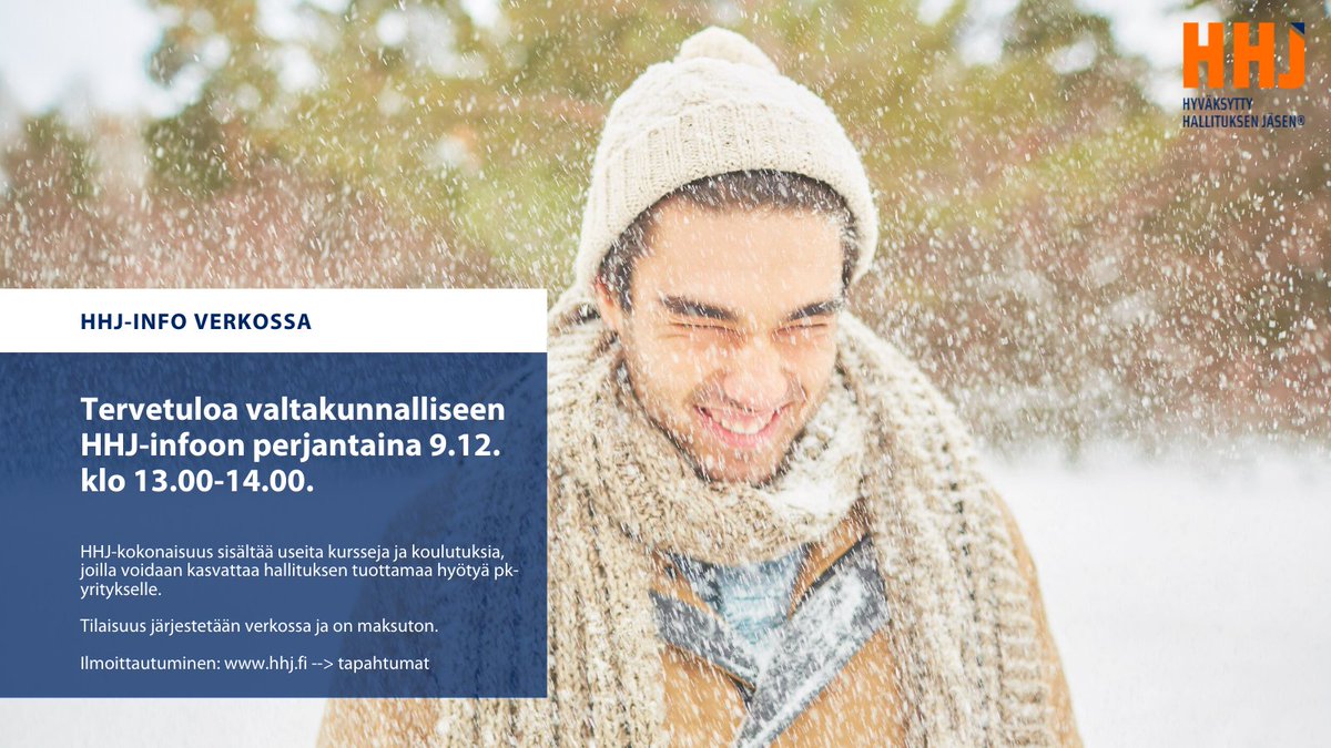 Ilmoittaudu mukaan maksuttomaan HHJ-infoon ensi viikon perjantaina 9.12. Kokoonnutaan ketterästi Teamsissä kuulemaan miten HHJ-koulutukset kehittävät hallitustyötä. Tule mukaan itse tai vinkkaa kaverille! Lue lisää: hhj.fi/?action=eventr… #hhj #hallitustyö #yrittäjät #johtaminen
