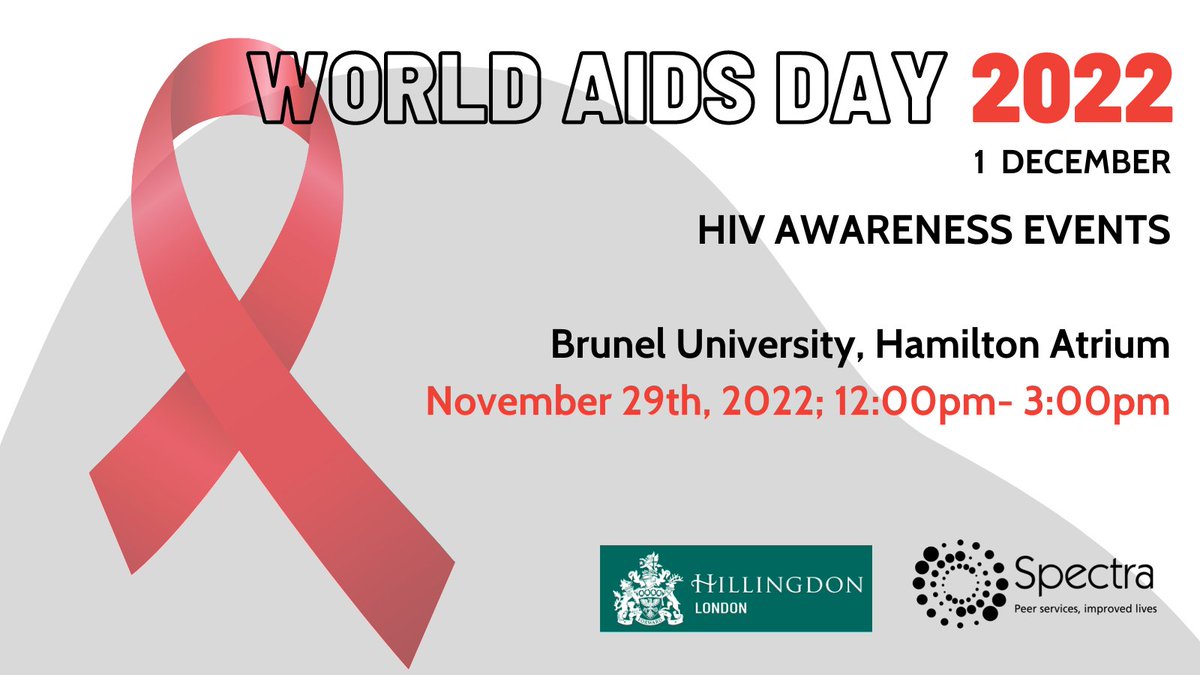 We're supporting #PrepAwarenessWeek2022 &amp; #WorldAIDSDay2022 <a href="/Bruneluni/">Brunel University of London</a> TODAY from 12pm-3pm.

Providing info on #HIV &amp; #STI tests, plus advice on #PrEP #contraception, #MPV &amp; other #sexualhealth issues.

Info: bit.ly/SpectraSessions 
<a href="/Hillingdon/">Hillingdon Council</a>