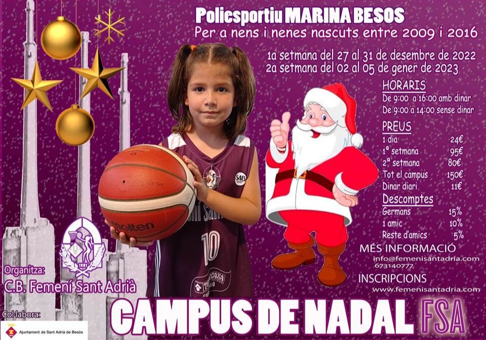 FemSantAdria's tweet photo. 🏀🧑‍🎄𝐂𝐀𝐌𝐏𝐔𝐒 𝐍𝐀𝐃𝐀𝐋 𝐅𝐒𝐀 2022🧑‍🎄🏀

😄A punt de començar Desembre i encara no saps qué fer aquest Nadal? 

🤔Que vols seguir entrenant i no perdre el ritme de competició? Que vols seguir en companyia de les teves amistats i companys i companyes d'equip? https://t.co/lzR9uY7uBb