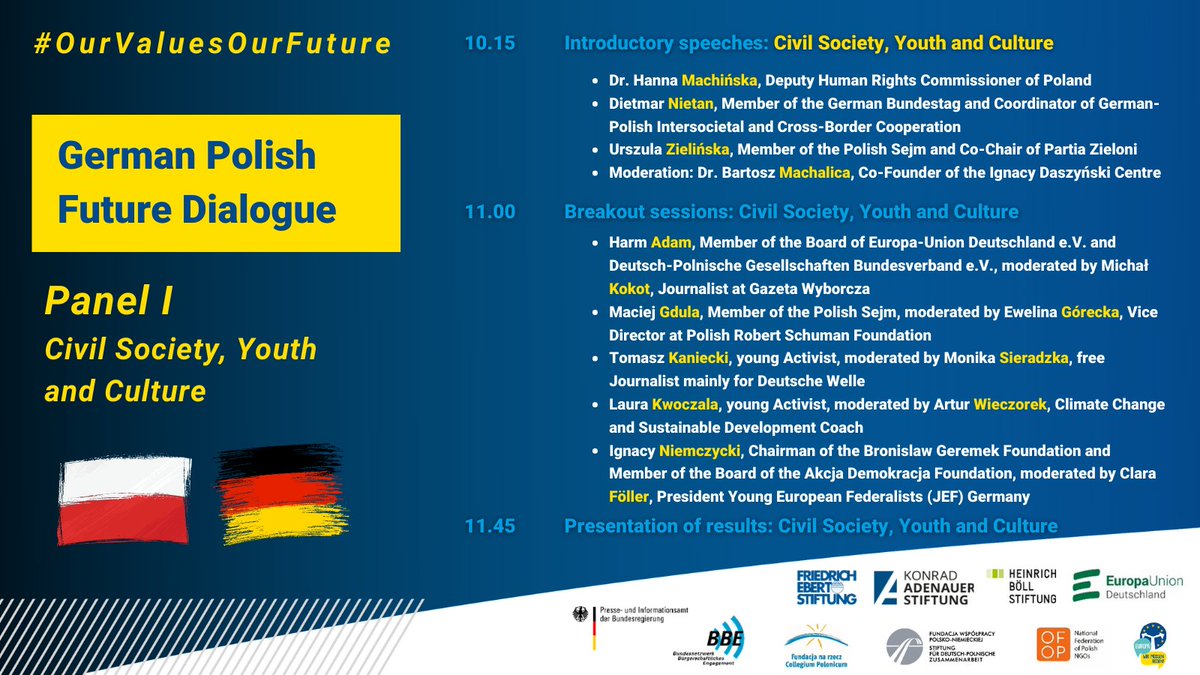 EUD_Dialog's tweet photo. Join the Debate on #CivilSociety, #Youth & #Culture at the 🇩🇪🇵🇱 Dialogue #OurValuesOurFuture. Discuss with @Hanna_Machinska, Dietmar Nietan MdB @spdbt, @Ula_Zielinska @Zieloni, @AdamHarm, @MaciejGdula, @GoreckaEwelina, @LauraKwoczala and @geclaired.
👉 https://t.co/vetNrCL9ph https://t.co/hmehGcYTdp