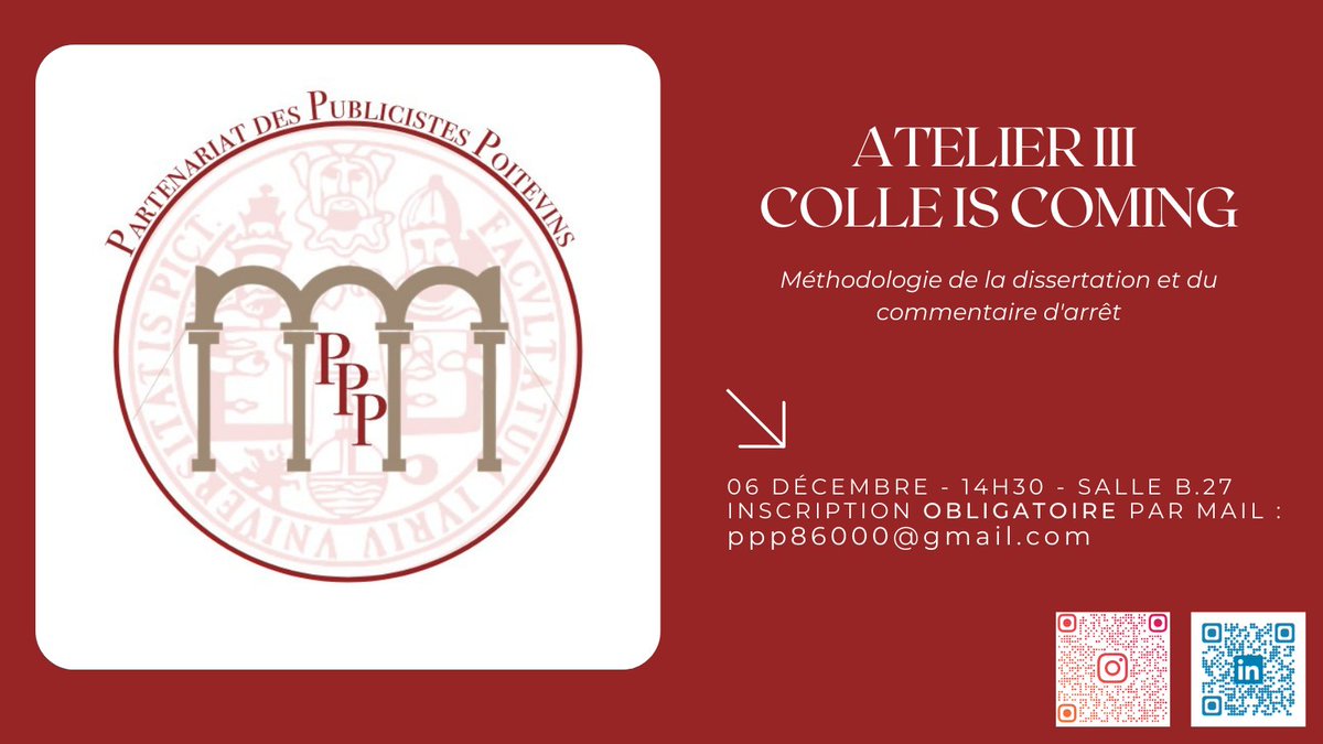[Atelier] Envie de réviser la méthodologie du commentaire d'arrêt et de la dissertation ? ⬇️
RDV le mardi 6/12 à 14H30 salle B27 pour le dernier atelier du semestre📚 
Inscription obligatoire à l'adresse mail suivante : ppp86000@gmail.com