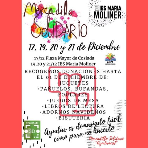📌 🆕 No te pierdas el mercadillo solidario que organiza el <a href="/apamariamoliner/">AMPA Moliner Coslada</a> del <a href="/iesmmoliner/">IES María Moliner</a> en el mes de diciembre 
🗓 17 dic. Plaza Mayor de Coslada
🗓 19, 20, 21 y 22 dic. IES María Moliner

📣 Recogen donaciones hasta el 1 dic

#Coslada #Juventud

bit.ly/3ghfIbq