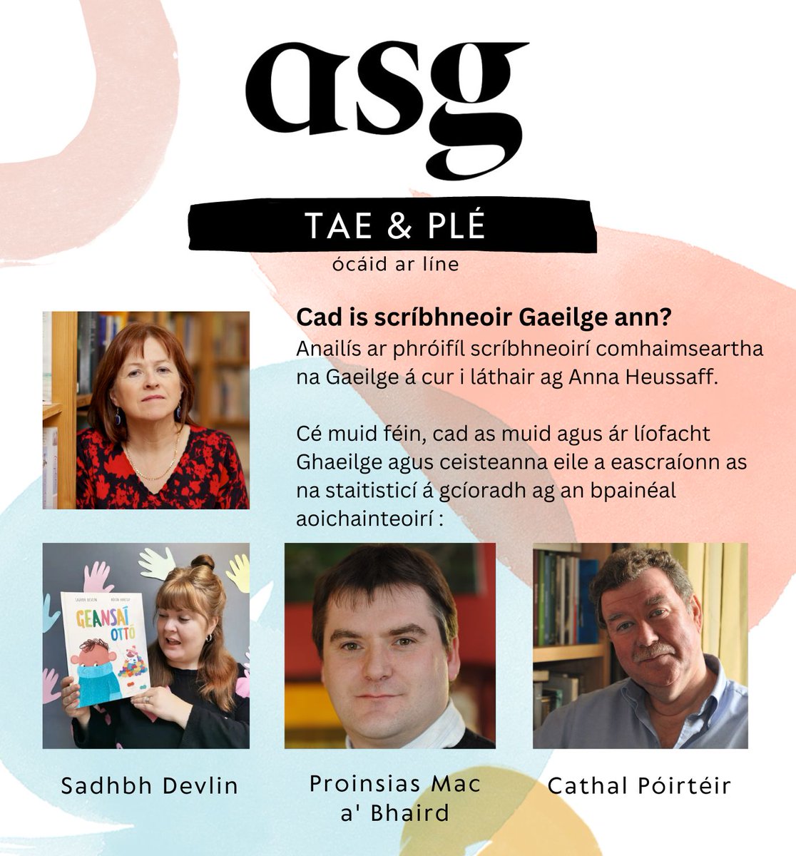 Aontas na Scríbhneoirí (@gaelscriobh) on Twitter photo Labhair @sadhbhdevlin, Anna Heussaff, Proinsias Mac a'Bhaird agus Cathal Póirtéir le <a href="/EilisNeary/">Éilis Neary</a> faoi éagsúlacht teanga i measc scríbhneoirí na Gaeilge. Tá achoimre ar fáil anois ar shuíomh an Aontais: aontasnascribhneoiri.ie/ga-IE/acmhainn… #Gaeilge Labhair @sadhbhdevlin, Anna Heussaff, Proinsias Mac a'Bhaird agus Cathal Póirtéir le <a href="/EilisNeary/">Éilis Neary</a> faoi éagsúlacht teanga i measc scríbhneoirí na Gaeilge. Tá achoimre ar fáil anois ar shuíomh an Aontais: aontasnascribhneoiri.ie/ga-IE/acmhainn… #Gaeilge