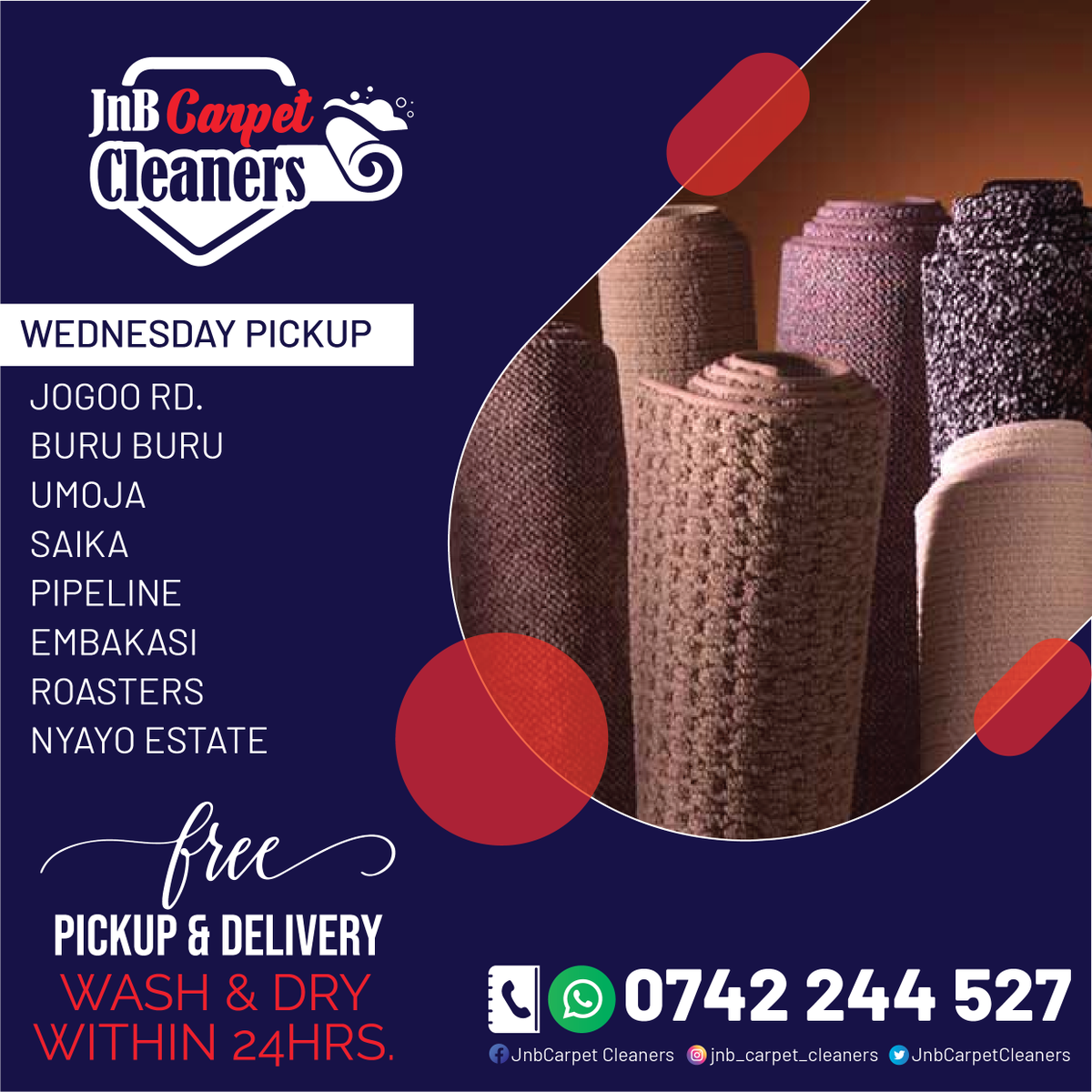 Jnbcarpets's tweet photo. We are the most trustworthy carpet cleaning company in Nairobi.
Call/WhatsApp Today on  0742 244 527
WE OFFER FREE PICKUP &amp; DELIVERY
Website: https://t.co/qld9hJF3DA
Location: Soko Safi Strip Mall, Ngong Road, Nairobi.
#carpetcleaning #worldcup2022 #carpet  #carpetsteamcleaning https://t.co/5cdHHYZ9V4