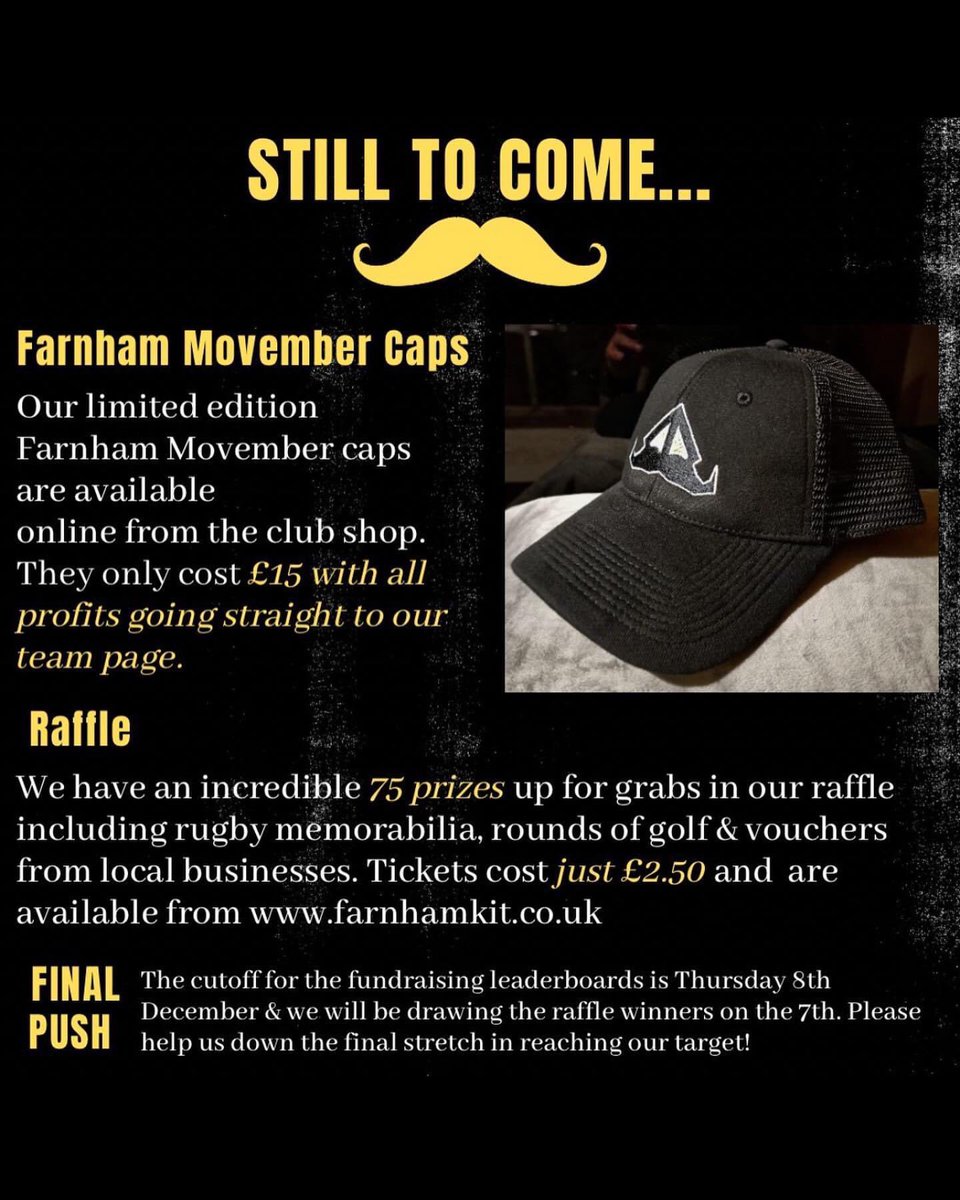 FarnhamRugby's tweet image. THERES STILL A WAY TO GO!!  

Thank you to everyone who have given generously in time as well as fundraising. 

We are a little way off our target. Can you help us push to the end?

Raffle and hats still available!

farnhamkit.co.uk

#rugbylife #movember #onefinalpush