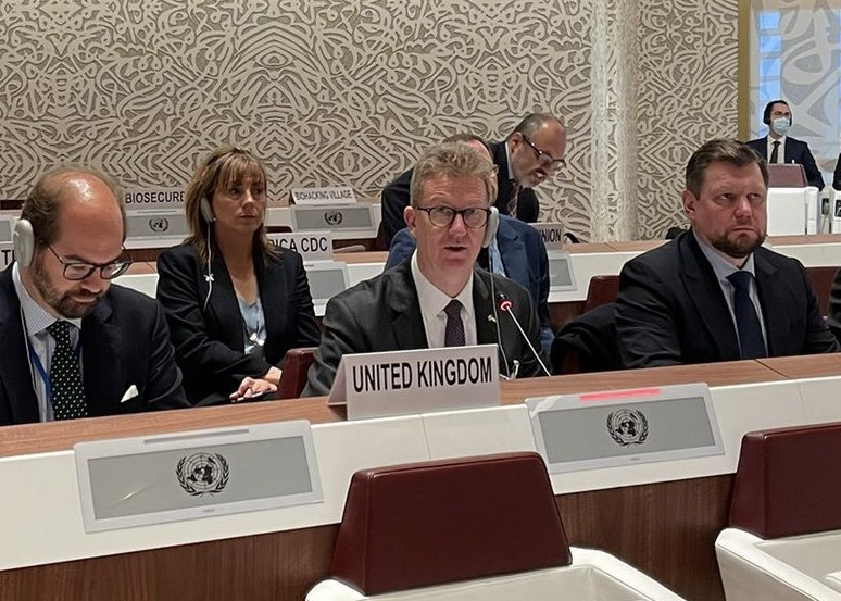 AidanLiddle's tweet photo. .@StephenLillieUK gives the UK general statement to open Day 2 of #BWCRevCon. Urged States Parties to grasp the opportunity of the Experts Working Group proposal to strengthen the Convention, boost the ISU, and create an S&amp;T review mechanism. https://t.co/ANoo0KrHxC