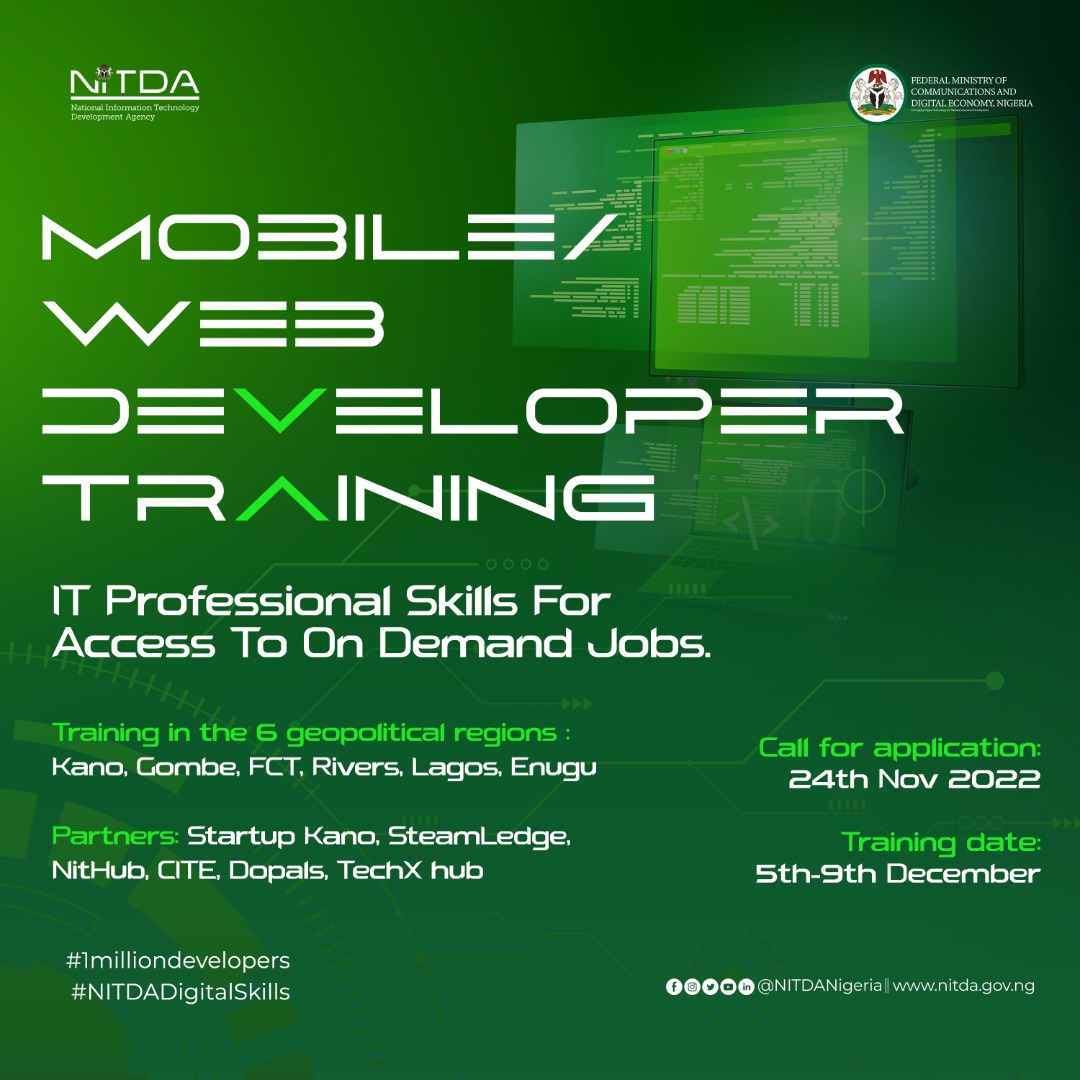 NITDANigeria's tweet photo. 5 days to go.....

APPLICATION FOR MOBILE WEB DEVELOPER TRAINING

IT Professional Skills For Access To On Demand Jobs in Kano, Gombe, FCT, Lagos and Enugu.

Registration ongoing.

Training Date: 5th - 9th December

Gombe link: https://t.co/wFmC9exJxC https://t.co/dn0DiRALMn