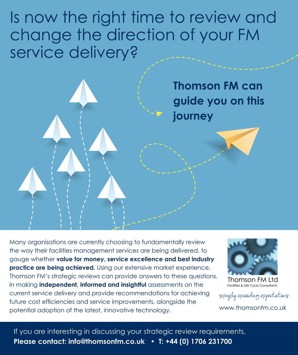 Each day this week, we will be highlighting one of the many consultancy support services Thomson FM provide to our clients:

Day Two: FM Strategic Reviews

If we can help you with your #facilitiesmanagement reviews, please contact @Whitbags