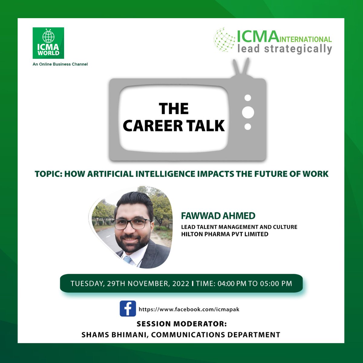icmapdotpk's tweet photo. Join ICMA for a live session on “Career Talk" by Industry Expert on November 29, 2022 (Tuesday) from 04 PM – 05 PM on Facebook Live view: https://t.co/1GfDg6VbDV
#Facebooklive #CareerTalk #ExpertAdvice #CorporateLeader #HRHeads #PersonalandProfessionalDevelopment https://t.co/GgUb54sXCv