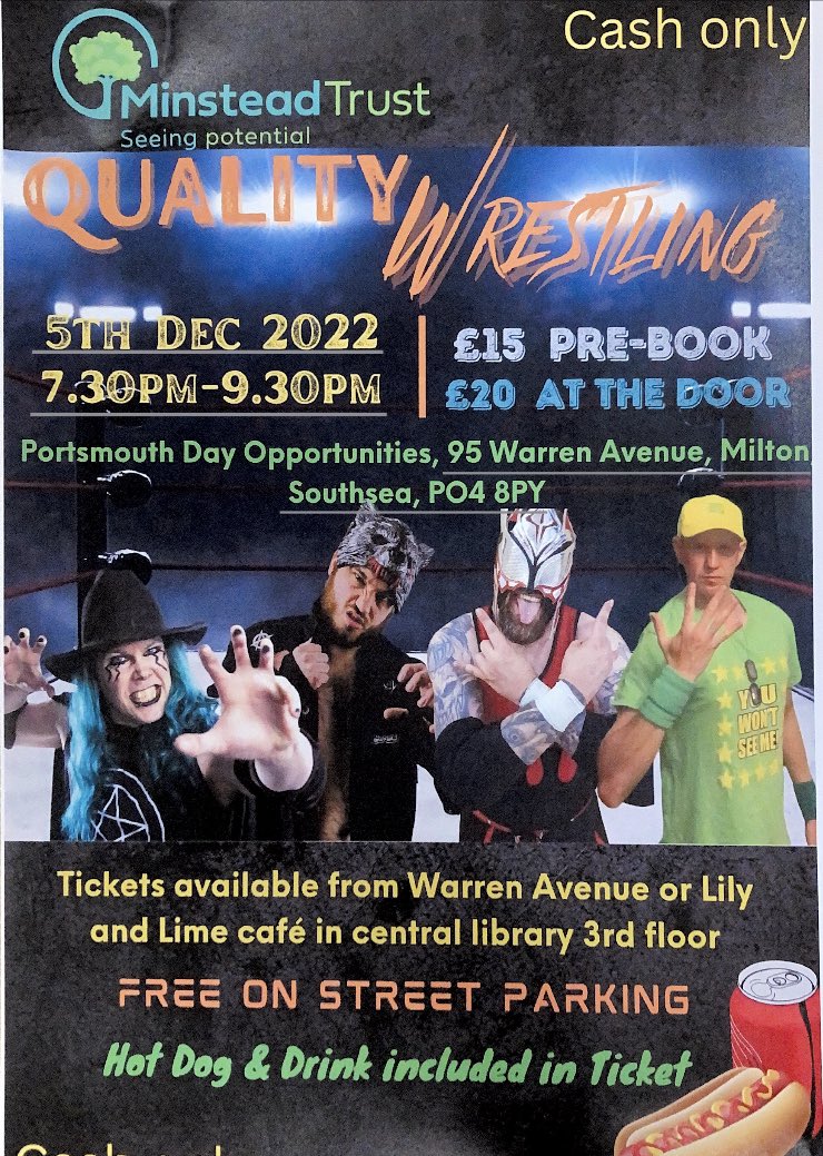 kettle_cic's tweet photo. Wrestling Fans
Monday (not Saturday as previously mentioned) #wrestling #community @MinsteadTrustTS #correctdate https://t.co/UzZKw40sIp