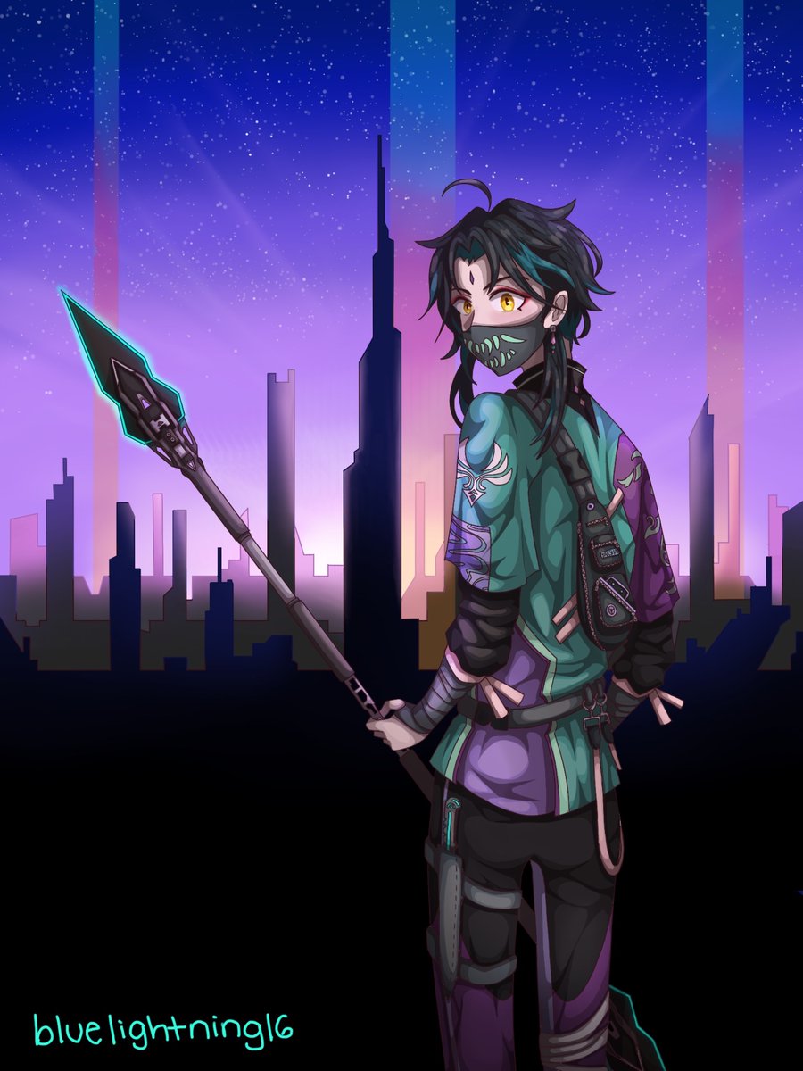 bluelightnin16's tweet photo. #Genshinlmpact #Genshinfanart #xiao
Happy birthday @rycitkei !! I offer you cyberpunk!Xiao as tribute.╰(*´︶`*)╯♡ https://t.co/OqxlufvzFX
