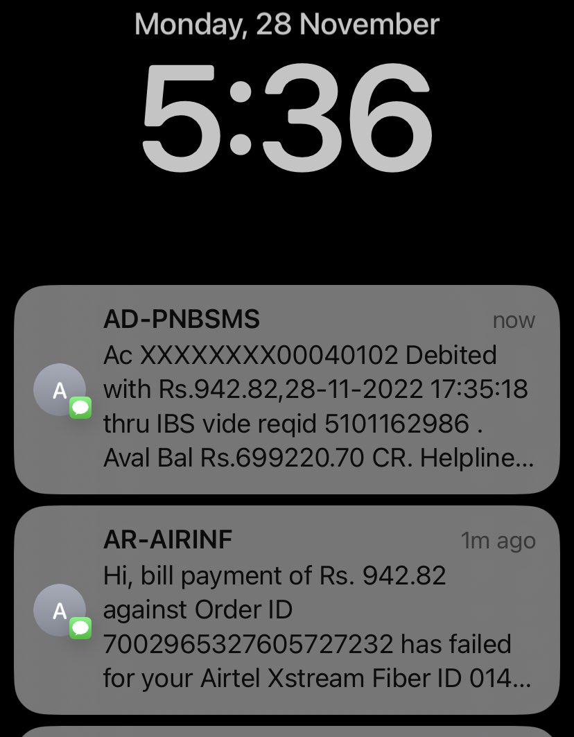 Twice deduct amount 942.82 from my bank account but you showed one failed so please refund amount @Airtel_Presence