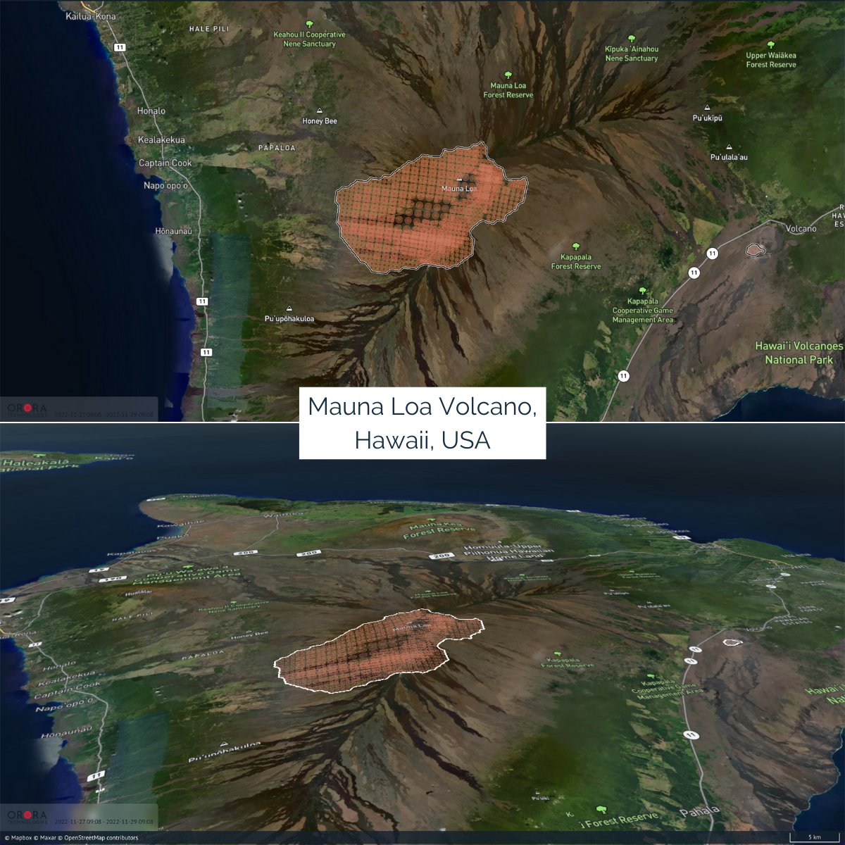 OroraTech's tweet photo. #MaunaLoa, world's largest active volcano, erupts in #Hawaii for the first time since 1984.🌋 We've captured how the lava is spreading so far. The top image is the satellite-hybrid view of the hotspot from our Wildfire Solution, and the bottom one is the 3D image of the volcano. https://t.co/3k5nNHztTk