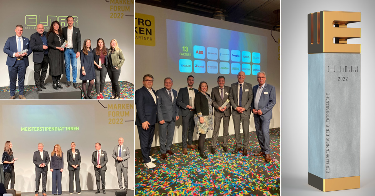Am 24. November fanden in Königswinter das Markenforum der Elektrobranche/die ELMAR Night 2022 mit Verleihung des #ELMAR 2022 Markenpreises statt und es wurden 10 Meisterstipendien an Nachwuchselektroniker vergeben. Herzlichen Glückwunsch allen Sieger:innen und Finalist:innen.