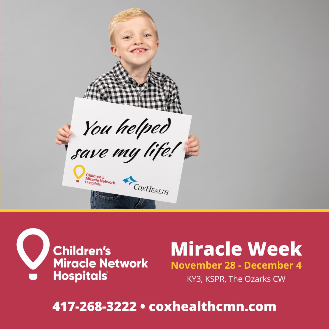 coxhealthcmn's tweet photo. Today is Giving Tuesday! At your local @CMNHospitals it also happens to be Miracle Week, which means you can help make miracles for sick or injured children right here in the Ozarks. Give today! https://t.co/8ZHM9KCvaQ #miracleweek #givingtuesday #helpinglocalkids #ozarks https://t.co/VgK3sMQJDL