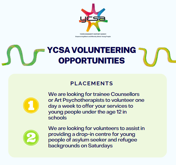🤩Placement Ops🤩For trainee Counsellors/Art therapists to volunteer 1 day pr/wk for people under 12 in primary schools &amp; also for volunteers to help provide a drop-in centre for young asylum seeker/refugees on Saturday's. Contact enquiries@ycsa.org.uk
#VolunteerGlasgow #Charity