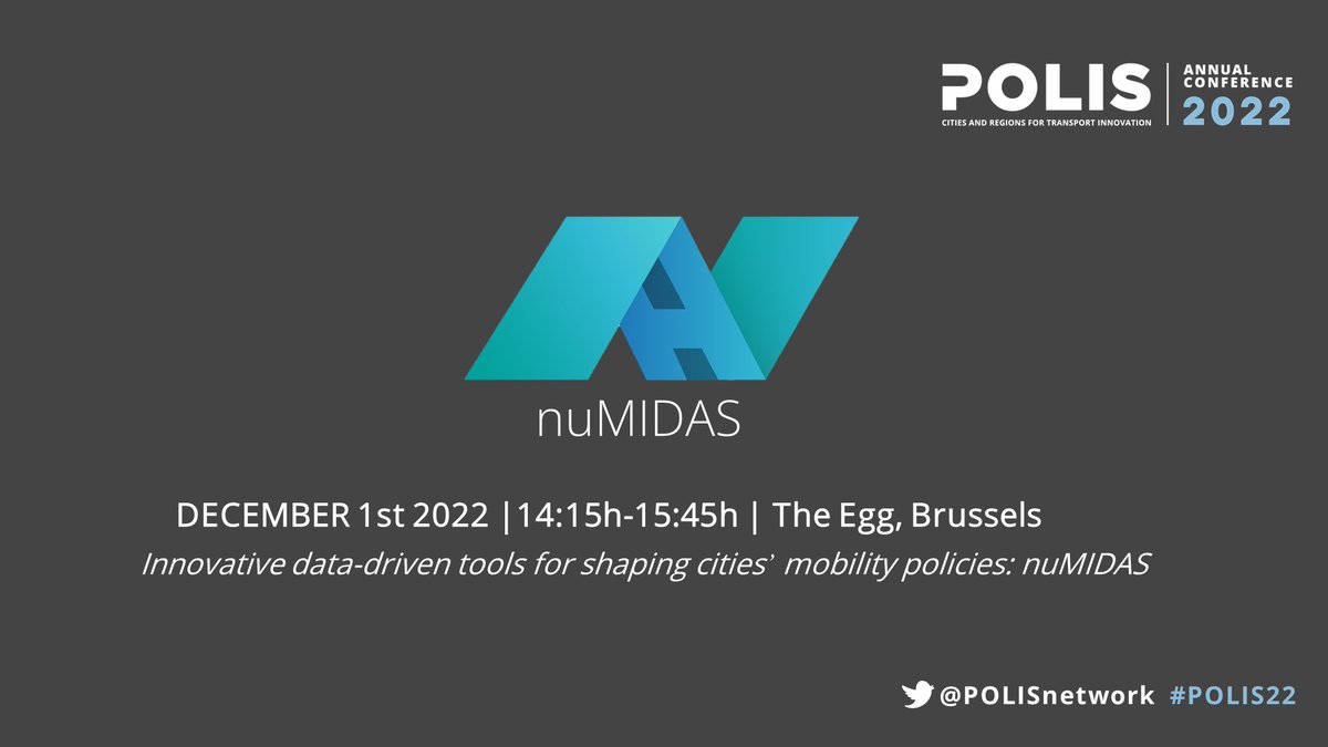 ⚠️1 day to #POLIS Conference!
The last workshop of #nuMIDAS will be at the <a href="/POLISnetwork/">POLIS</a> conference where our policymakers will present the nuMIDAS dashboard as an innovative data-driven tool for shaping cities’ mobility policies.

#POLIS22 #SustainableMobility #InclusiveMobility