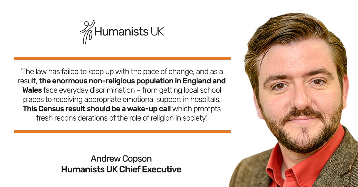 Astonishing growth in the non-religious population, according to the #Census2021. The no. of non-religious people jumped by over 8m, from 25%-37%. 'This Census result should be a wake-up call which prompts fresh reconsiderations of the role of religion in society', <a href="/andrewcopson/">Andrew Copson</a>
