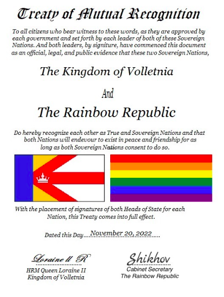 TheRainbowRepu1's tweet photo. We are glad to announce that the #RainbowRepublic has established diplomatic relations with the Kingdom of Volletnia! This is the second micronation to recognize us following the Vladastock Confederation earlier this month. 

#micronations #diplomacy #foreignpolicy #LGBTQIA https://t.co/Dk46OQjX5Q